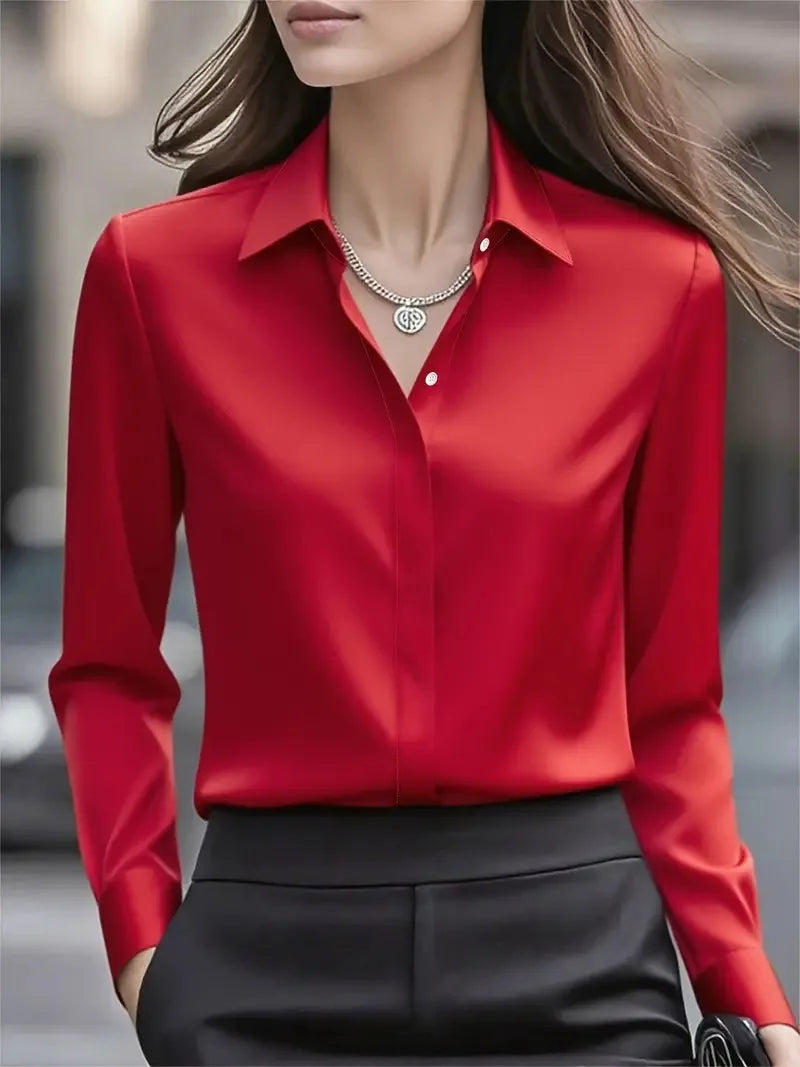 2025 New Women's Long-sleeved Shirt 10 Color Lapel Satin Button Cardigan Office Commuting Elegant Simple Top Basic Blouses
