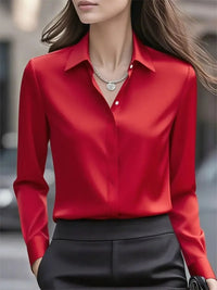 2025 New Women's Long-sleeved Shirt 10 Color Lapel Satin Button Cardigan Office Commuting Elegant Simple Top Basic Blouses