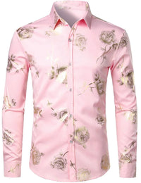 Mens Gold Rose Floral Print Shirts Brand Floral Steampunk Chemise White Long Sleeve Wedding Party Bronzing Camisa Masculina New
