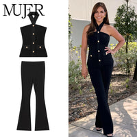 MUJER Black Flare Pants Sets for Women 2 Pieces High Waist Trousers Suits Woman Outfit off Shoulder Halter Top Female Lady Sets