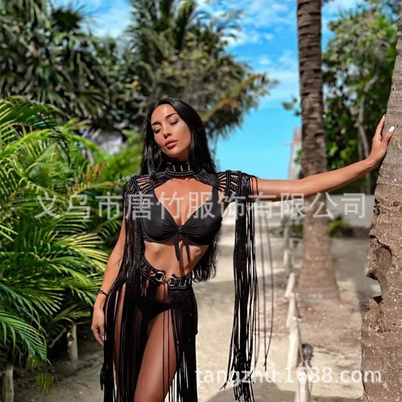 Leosoxs Hand Crochet Knitted Women Bikini Cover Ups Summer Holiday Tassel Beach Bathing Suit Sexy Hollow Out Skirts Matching Set