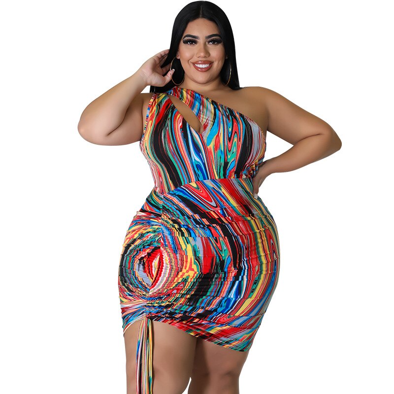 Multicolored Stripes Printing Dress Woman Sexy Hollow Out One Shoulder Sleeveless Drawstring Party Bodycon Dress Summer