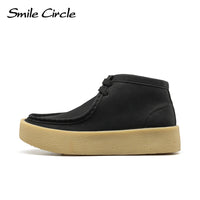 Smile Circle Wallabee Cup Ankle Boots Women Round Toe Lace-up Flat Shoes Genuine Leather Hi-top Casual Shoes