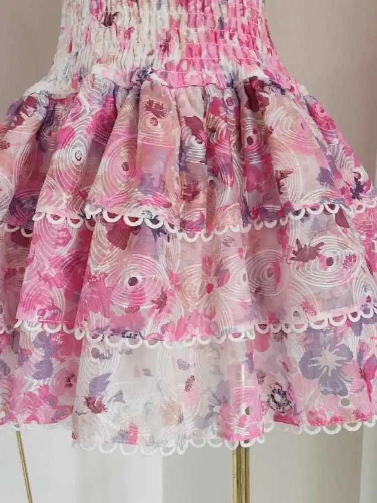 Summer Sundress Sexy Embroidery Floral Short Cake Dress Women Beach Halter Backless Stretch Flower Ruffles Layer Party Vestidos