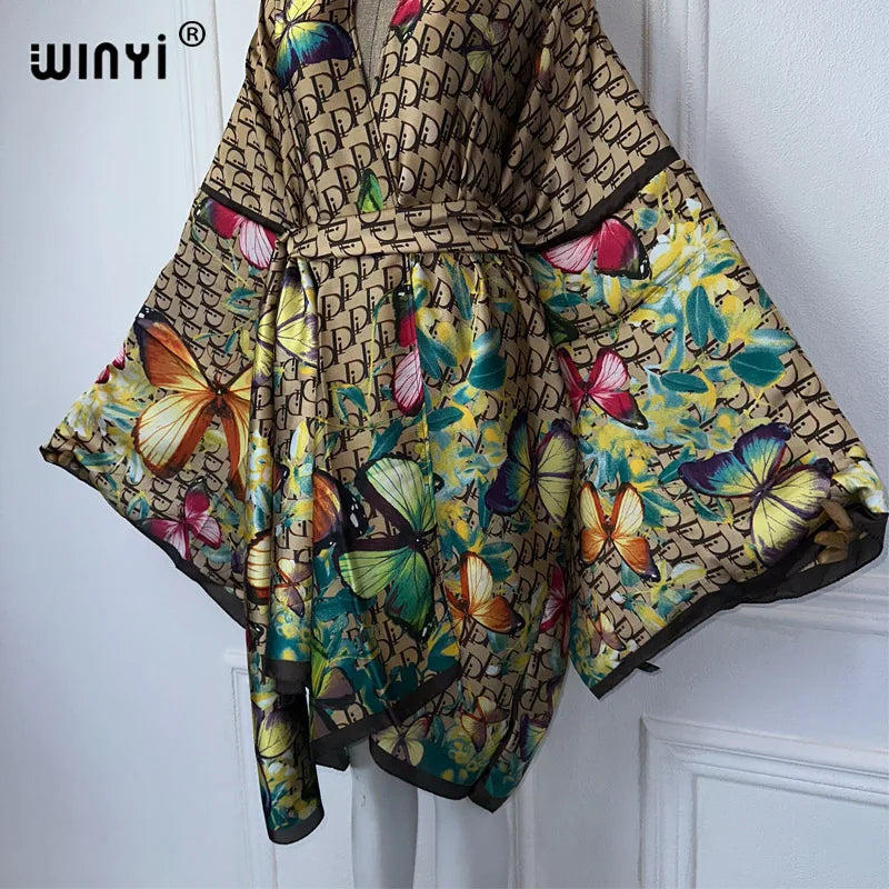 WINYI Africa print summer beach Bohemian long Cardigan Cover-up Casual Boho Maxi Holiday party kimono with belt beachwear