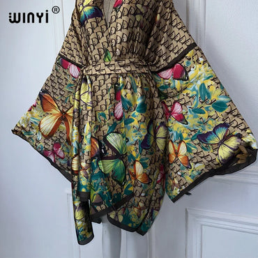 WINYI Africa print summer beach Bohemian long Cardigan Cover-up Casual Boho Maxi Holiday party kimono with belt beachwear