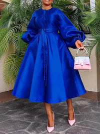 Dress Women Long Dresses A Line Round Neck White Lantern Sleeve Casual High Waist Lace Up Elegant Party Night Maxi Vestidos