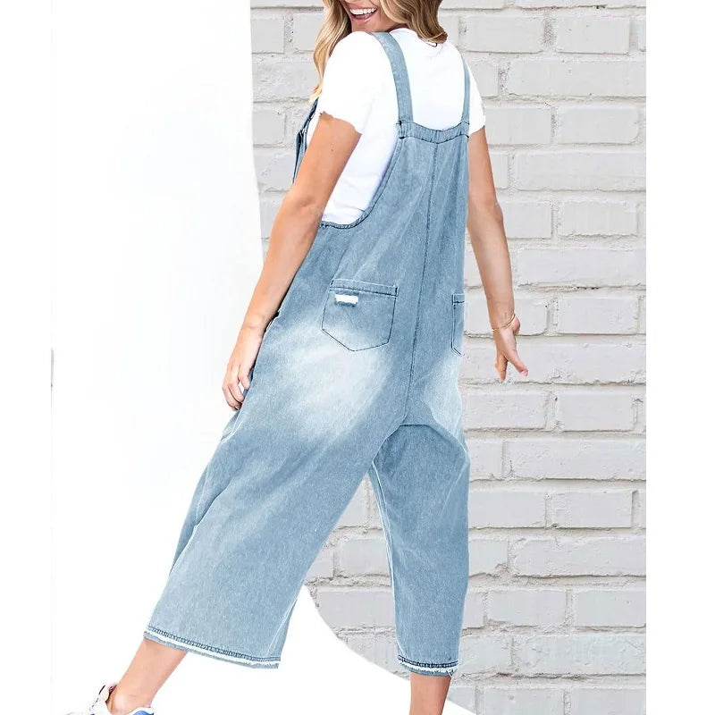 Women Denim Jumpsuits and Rompers Vintage Ripped Hole Wide Leg Jeans Overalls Ladies Casual Playsuits