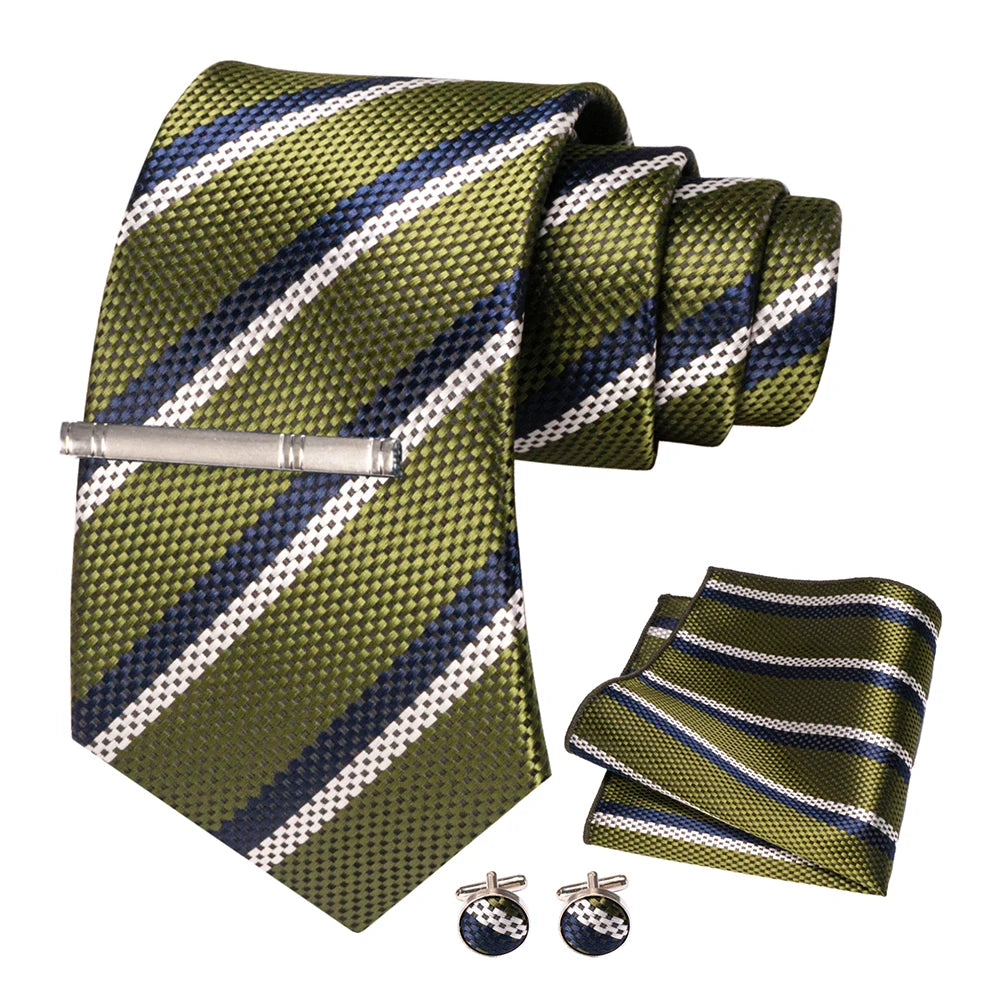 JEMYGINS Men Green Ties Striped Tie Paisley Silk Wedding Tie For Men Necktie Hanky Cufflink Set Party Business Fashion Designer
