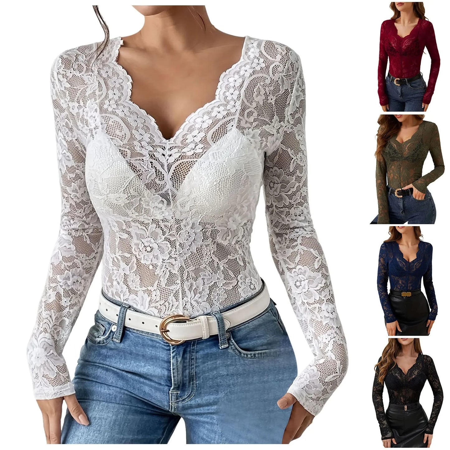 Women'S Floral Eyelet Lace Shirt Sexy V Neck Long Sleeve Opaque Shirts See-Through Lace Sexy Women Clothing Blusas Para Mujer