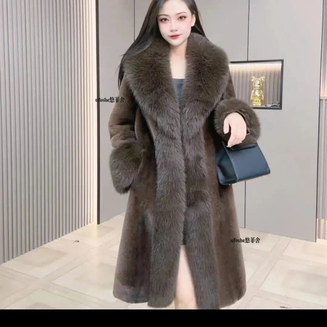 Faux Fur Coats Women Long Coat Thick Warm Turn Down Collar Open Stitch Spring Outerwear Jackets Elegant Splice Autumn Winter