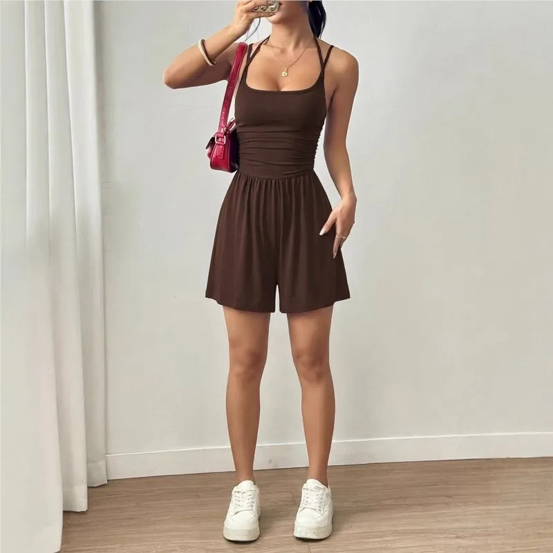 Spring And Summer Women's Fashionable Sleeveless Jumpsuit, Casual Adjustable Shoulder Strap Pleated Slim Short Jumpsuit