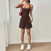 Spring And Summer Women's Fashionable Sleeveless Jumpsuit, Casual Adjustable Shoulder Strap Pleated Slim Short Jumpsuit