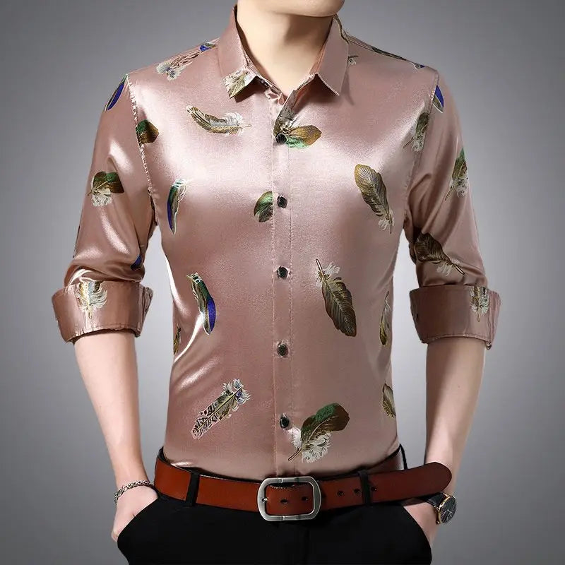 Streetwear Fashion Men Silk Smooth Shirt Spring Autumn New Male Clothes Business Casual Vintage Long Sleeve Basic Casual Tops
