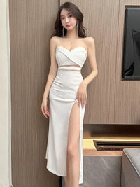 Women's White Elegant Birthday Evening Party Strapless Long Dress Summer Black Sexy Club Backless High Split Gowns Dress Fashion