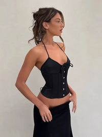 Guiz black satin fishbone corset with V-neck design and adjustable back strap for slimming and feminine style