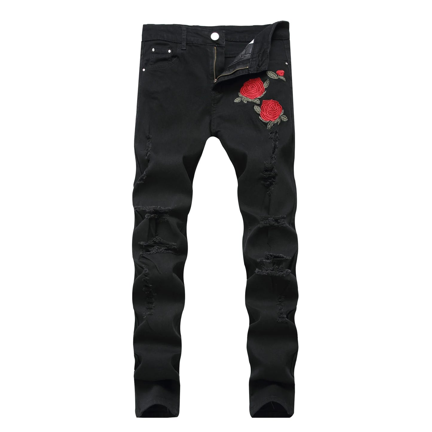 European and American Men's Casual Jeans with Embroidered Roses, Fashionable Ripped, Slim-fit, Stretch, Ankle-length Trousers
