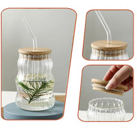 1/2pcs 500ml Glass Tumblers Cups With Straw Mason Jar Clear Juice Coffee Milk Cup With Bamboo Lids Drinkware Stripe Beer Mug