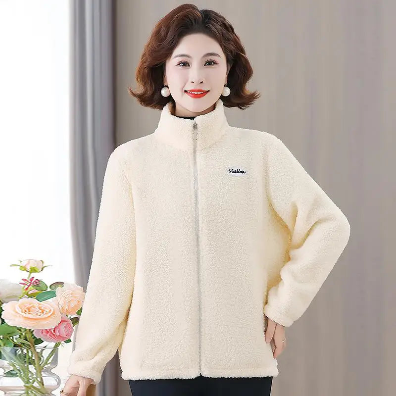 Winter Mother's Attire New Jacket Middle-Aged And Elderly Women's Fleece-Lined Woolen Sweatshirt Warm  Stand Collar Top