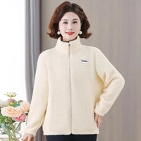 Winter Mother's Attire New Jacket Middle-Aged And Elderly Women's Fleece-Lined Woolen Sweatshirt Warm  Stand Collar Top