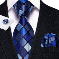 Barry.Wang Plaid Silk Men Tie Hanky Cufflinks Set Checked Jacquard Necktie for Male Formal Casual Wedding Business Party Events