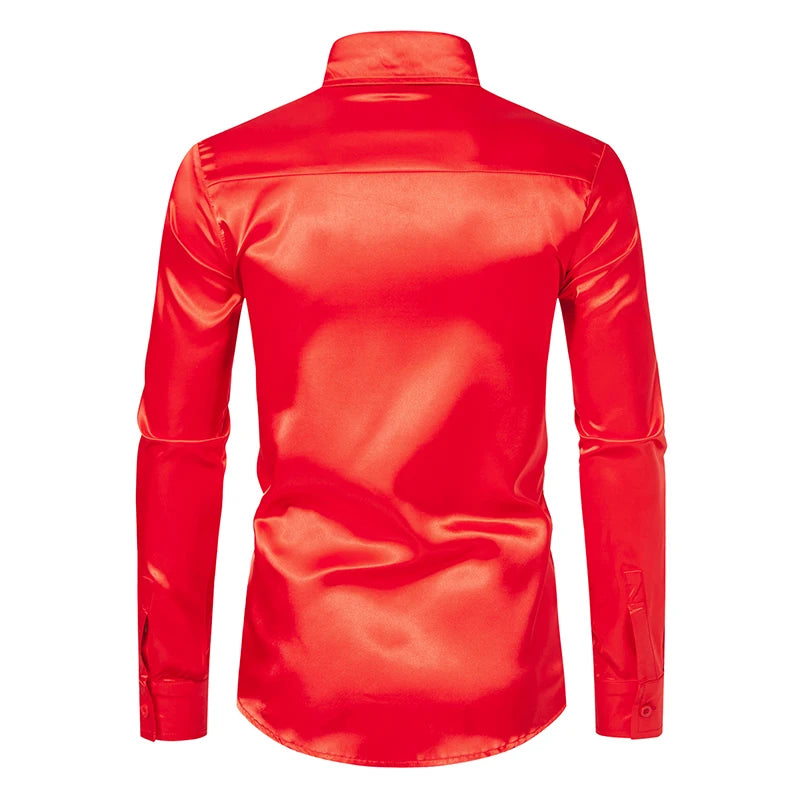 Men's Black Satin Luxury Dress Shirts Fashion Silk Smooth Tuxedo Shirt Solid Wedding Party Prom Casual Shirt Business Office