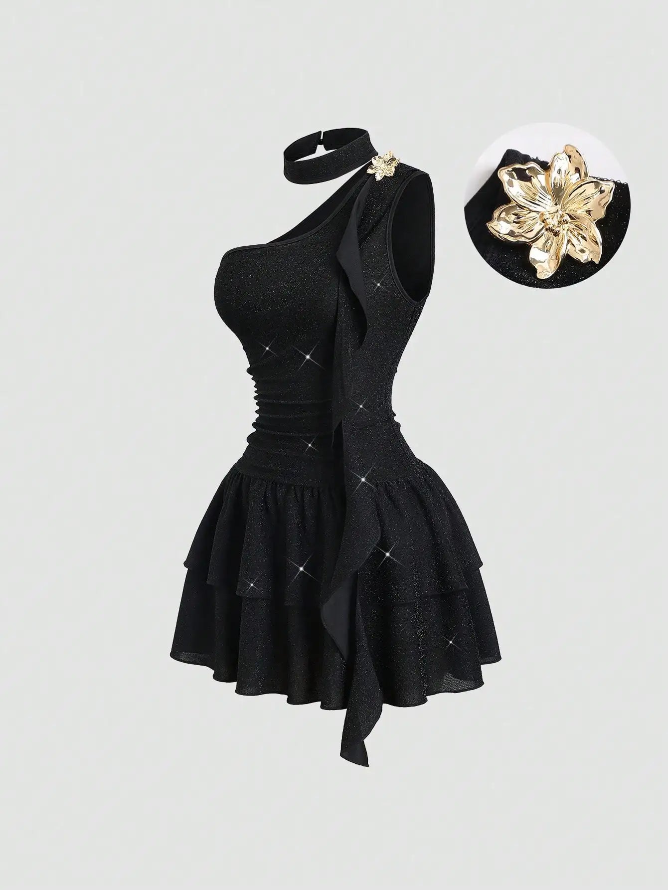 Black Asymmetrical One-Shoulder Dress with Gold Floral Brooch & Tiered Flounce Skirt
