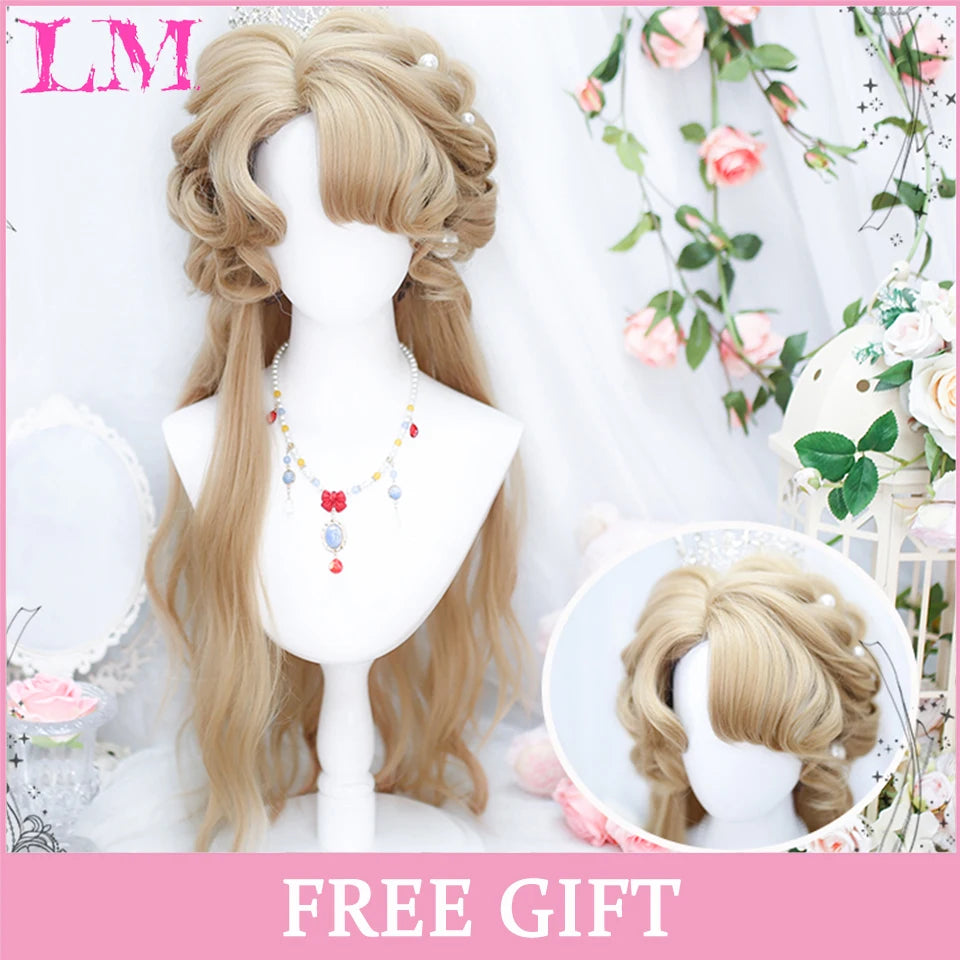 LM Synthetic Black Wig with Long Ponytail Short Straight Wig Lolita Cosplay Party Harajuku Blonde Wig With Bangs for Women