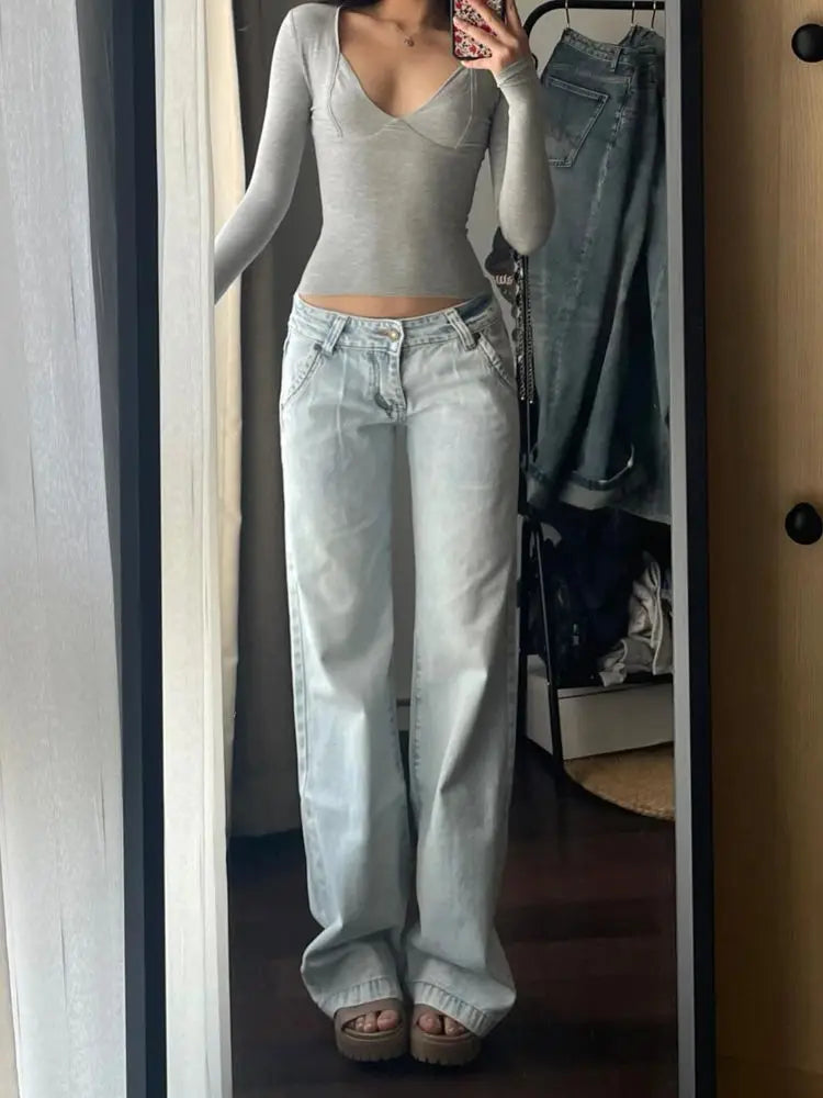 Streetwear Low Rise Flared Jeans  Vintage Slim-fitting Y2K Fashion Blue Denim Pants 2000s Casual Women's Jeans Harajuku