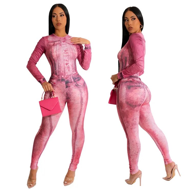 Sexy Printed Slim Jumpsuits Women Overalls Long Sleeve One Piece Tight Pants New 2023 Female Rompers Playsuit Round Neck