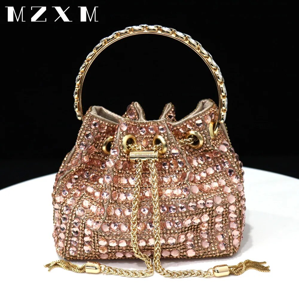 Rhinestones Women Evening Bags Bucket Design Party Day Clutch Soft Mixed Color Handle Design Handbags Purse Mature