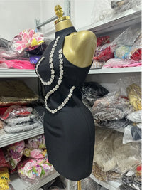 Red Black Color Women Sexy Off the Shoulder Shinning Crystal Bodycon Mini Bandage Dress Nightclub Party Bar Singer Birthday Wear