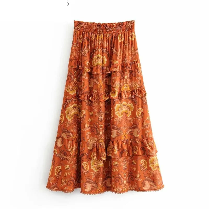 Happie Queens Fashion Women Hippie Beach Bohemian Floral Print Ruffles Skirt High Elastic Waist Maxi  A-Line Boho Skirts Femme