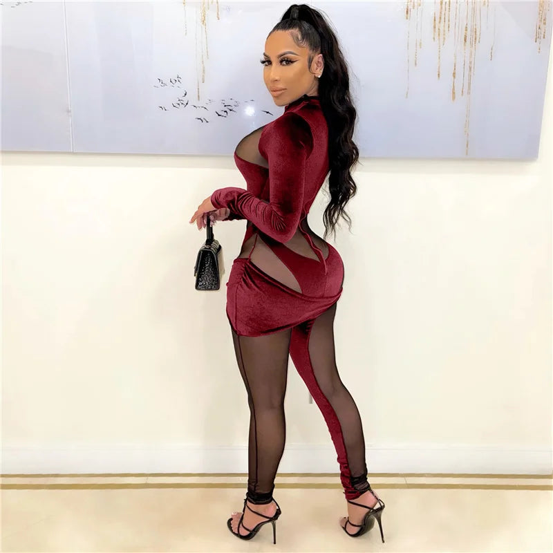Sexy See-through Mesh Patchwork Velvet Jumpsuit Women Clubwear Long Sleeve Rompers Womens Jumpsuit Bodycon Overalls for Women
