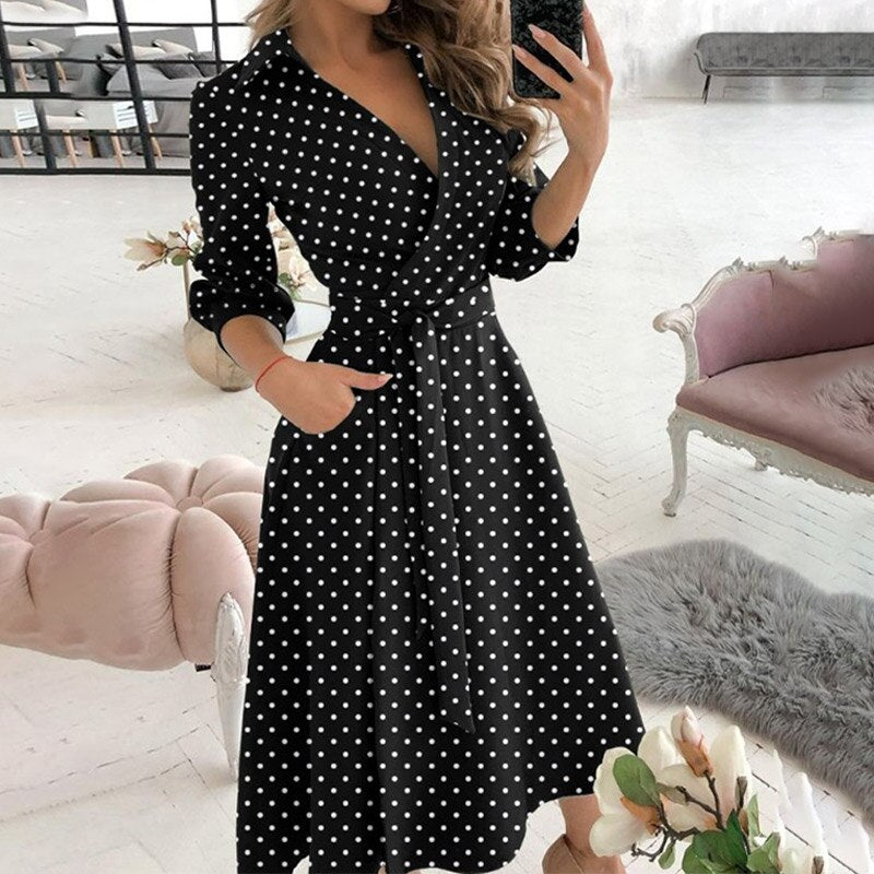 Sexy Women V-Neck Sexy Dresses Elegant Butterfly Print Long Sleeve Lace Up Wrap Midi Dress