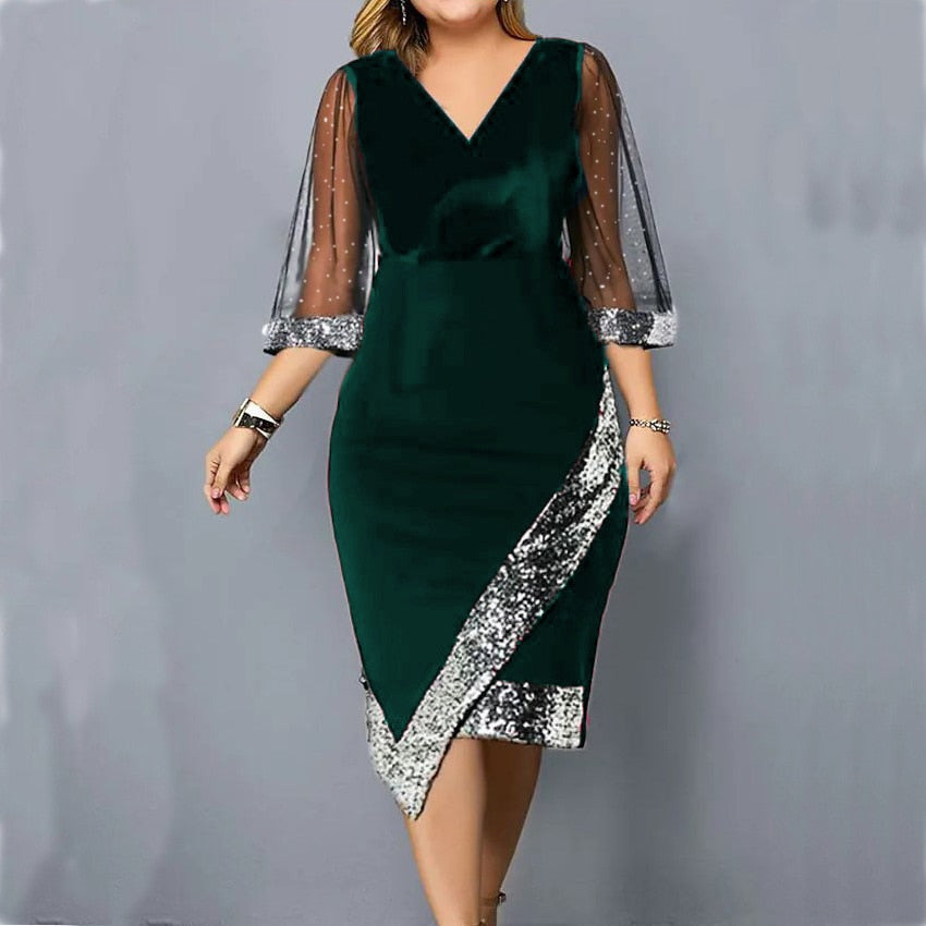 Women's Dress Sequin Mesh Long Sleeve Asymmetrical Hem Formal Occasion Dress Elegant Slim Fit V-Neck Luxury Summer Skinny 2023