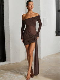 Mozision Off-shoulder Long Sleeve Sexy Mini Dress Women Fashion See Through Strapless Backless Draped Ruched Club Party Dresses