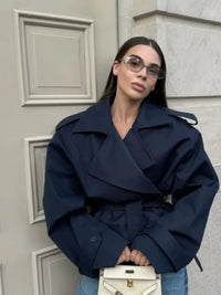 Women V-neck Lapel Belt Trench Coat Fashion Lace Up Full Sleeve Button Short Thin Windbreak 2025 New Lady Daily Street Outerwear