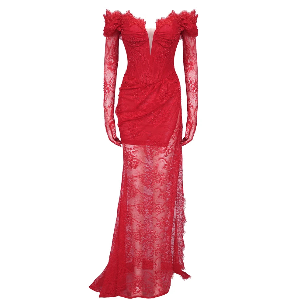 VC Christmas Dress Women Red Lace Sexy Long Sleeves Design High Split –  Mega Mart Center