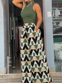 2026 Summer Fashion Printing Two Piece Set Women Casual Solid Sleeveless Tank Top Wide Leg Pants Two Piece Set Women