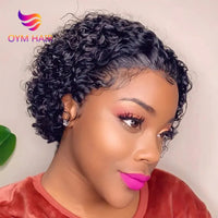 OYM HAIR Pixie Cut Wig Short Curly Lace Front Human Hair Wigs for Black Women Brazilian Water Wave 13x1 Transparent Lace Wigs