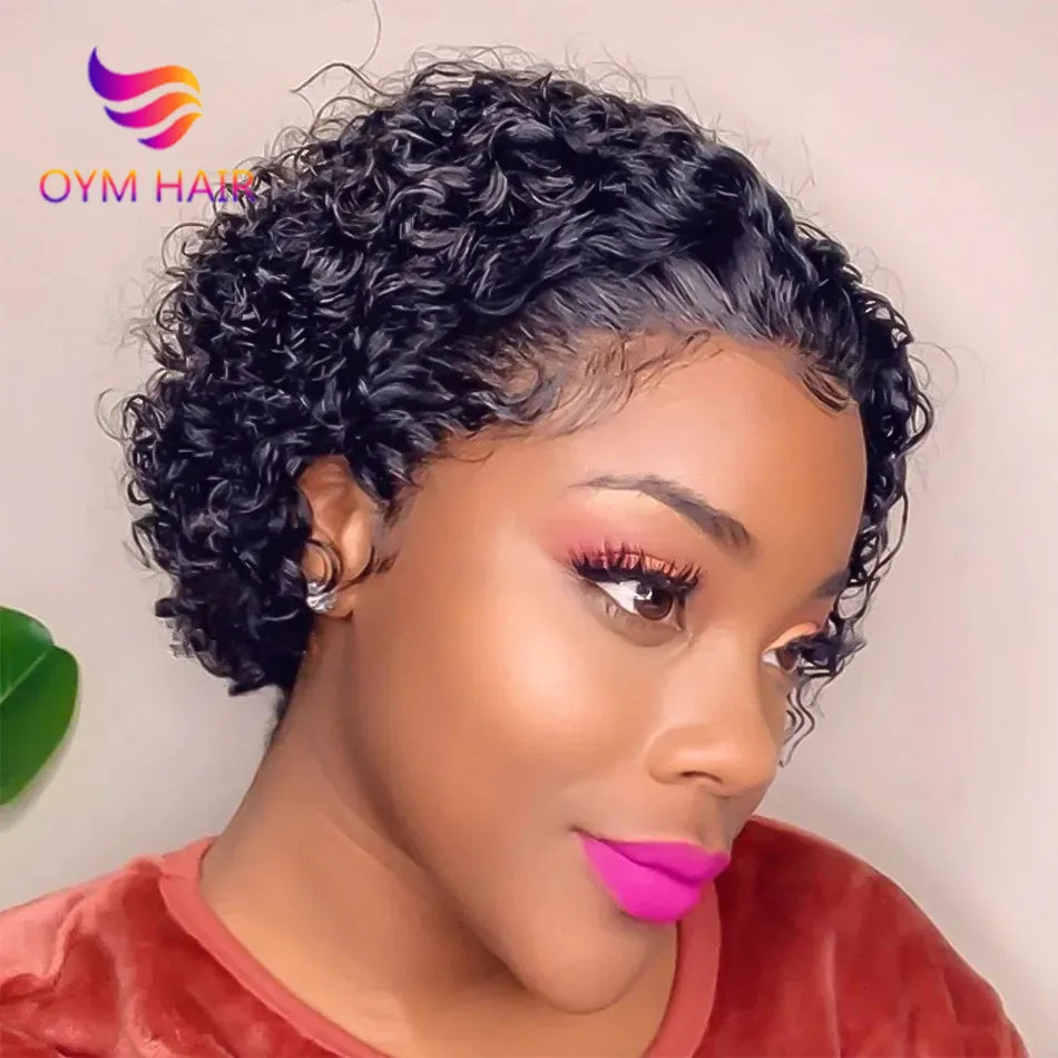 OYM HAIR Pixie Cut Wig Short Curly Lace Front Human Hair Wigs for Black Women Brazilian Water Wave 13x1 Transparent Lace Wigs