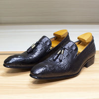 New Italian Handmade Business Casual Men Casual Shoes Pointed Leather Suede Tassel Loafers Crocodile Pattern Trendy Men's Shoes