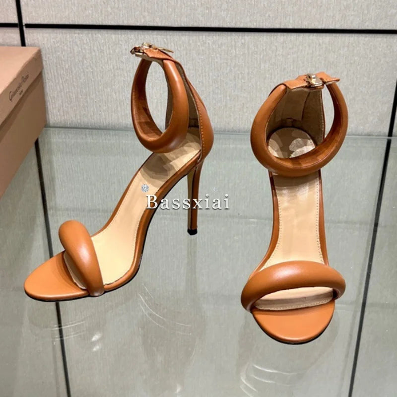Genuine Leather One-Strap Sandals Women 10cm Stiletto Heel Back Zip Concise Style Modern Summer Shoes
