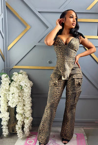 Sister Star Women's Oil Painting Ink Splash Printing Drawstring Tie Lace Multi-Pocket Loose Skinny Straight Pants Two Piece Set