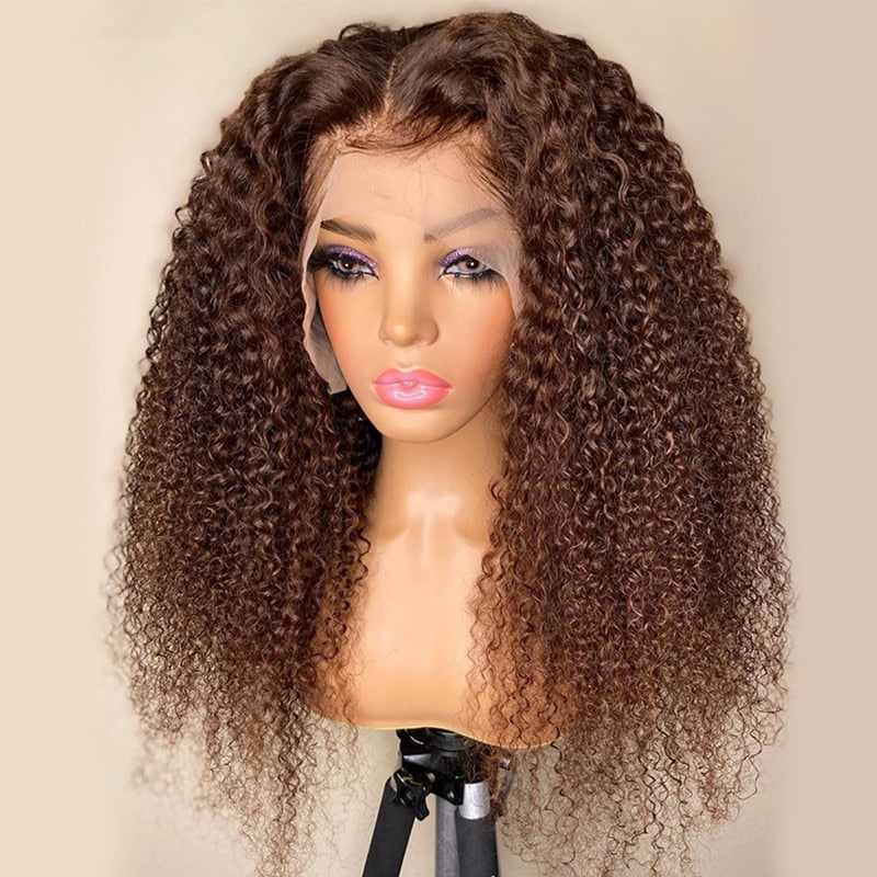 26 Inches Brown Preplucked 180%Density Glueless Kinky Curly Lace Front Wig With BabyHair