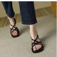 Sandals for Women 2025 Summer Simple Fashionable Flats Elastic Band Outdoor Beach Shoes Casual Ladies Rome Sandals 232