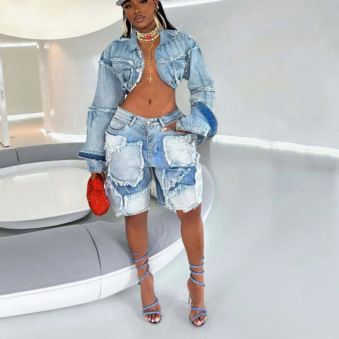 Shorts Pant Set Women Two Piece Sets Denim Turn Down Collar Matching Sets Tops Knee Length Pants High Waist Y2k Streetwear