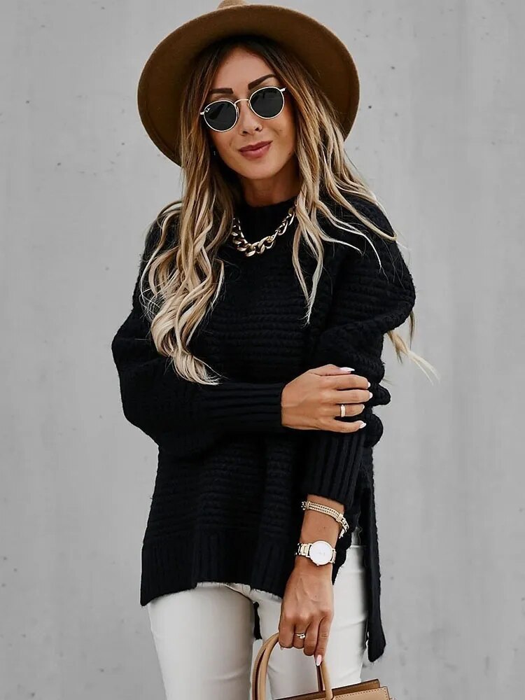 Autumn Winter Women Knitted Sweater Mock Neck Casual Loose Basic Pullovers Warm Elegant Solid Batwing Sleeve Side Split Tops