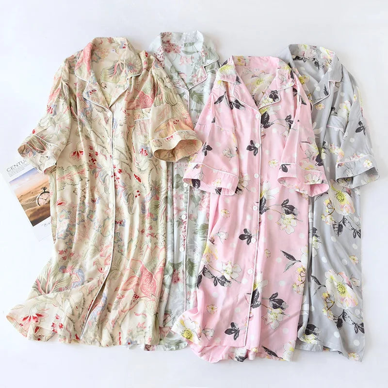 Women Summer Cotton Cardigan Nightdress Loose Women Short Sleeve Nightgown Cartoon Floral Print Sleep Dress Nachtkleding Vrouwen